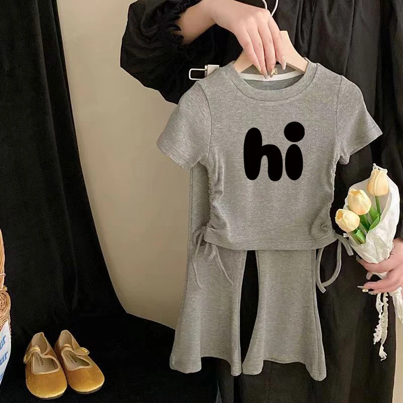 女童短袖套装2025夏季新款洋气休闲儿童抽绳T恤喇叭裤运动两件套