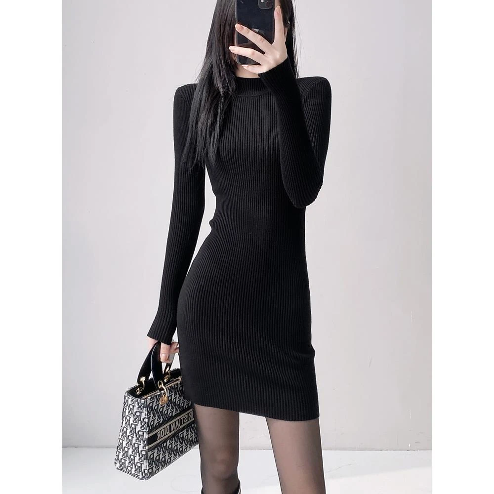 FAVMARTHA半高领针织连衣裙2025秋冬女式内搭大衣细腰及臀部毛衣