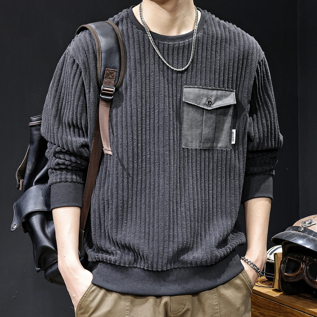 MR.MUDI/穆迪先生粗坑竖条灯芯绒口袋卫衣男秋季新款宽松圆领衣服