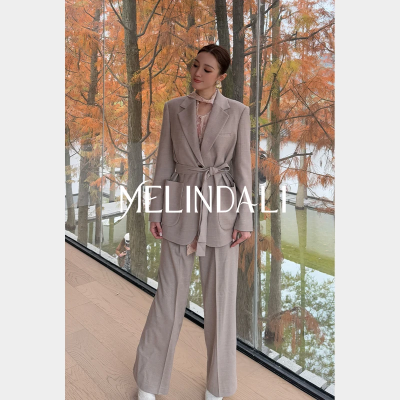 Melinda Li【温柔高智】梦颖私服轻通勤丹毛羊毛精纺斜纹高腰直筒裤