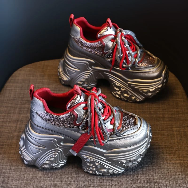 网红厚底内增高老爹鞋女款2025春秋新款显脚小银色潮酷运动休闲鞋
