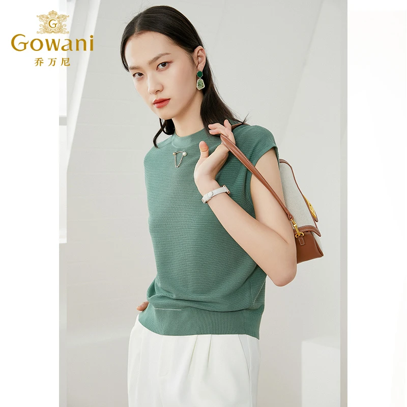乔万尼早秋装针织衫女士薄款小香风设计感圆领宽松夏款短袖上衣