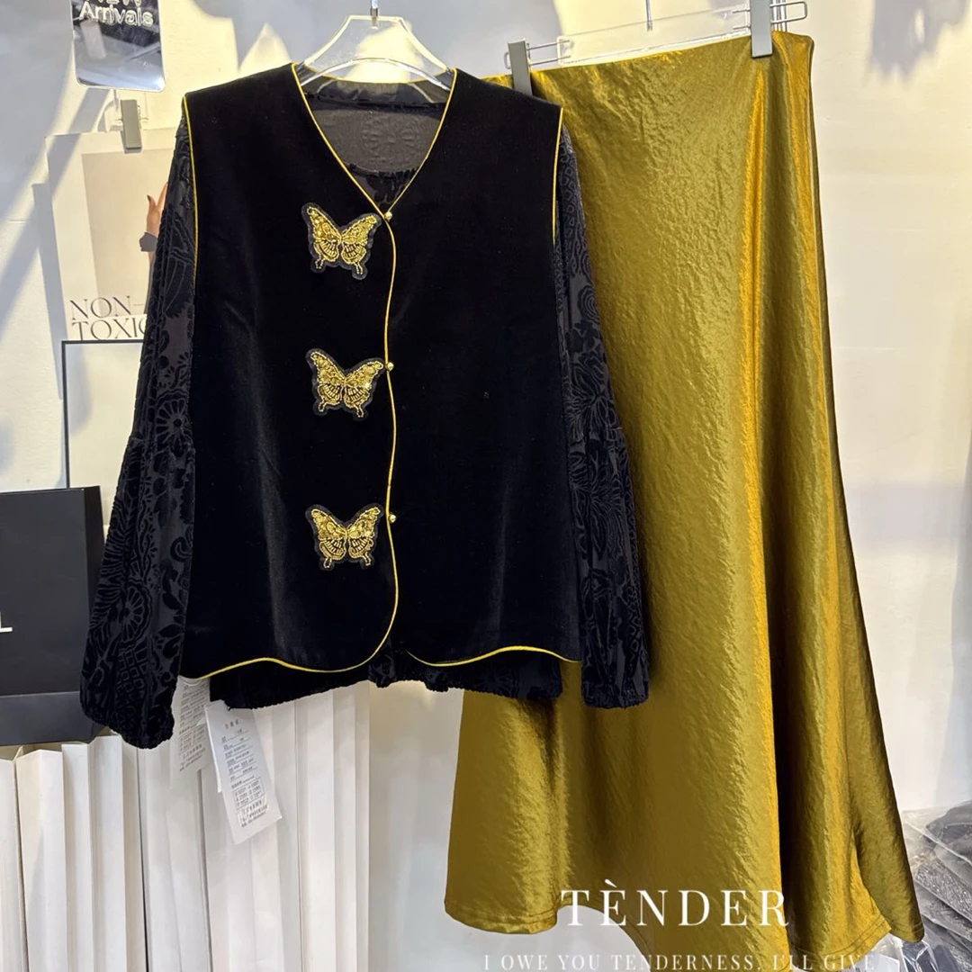 新中式国风大码金蝴蝶丝绒显瘦遮肉百搭百配马甲25823