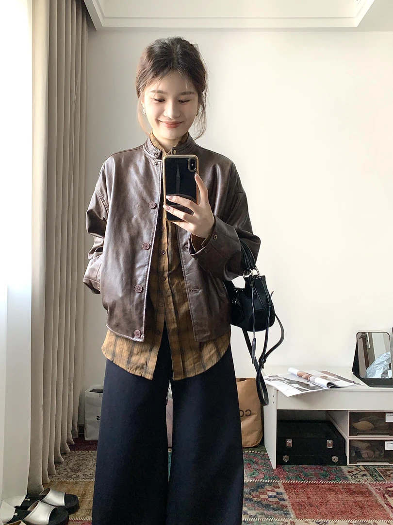 棕色pu皮衣外套女2025秋季新款气质慵懒风美拉德皮夹克两件套上衣