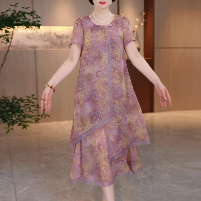 高端气质复古圆领大码宽松连衣裙2025夏季新款修身显瘦中长款裙子