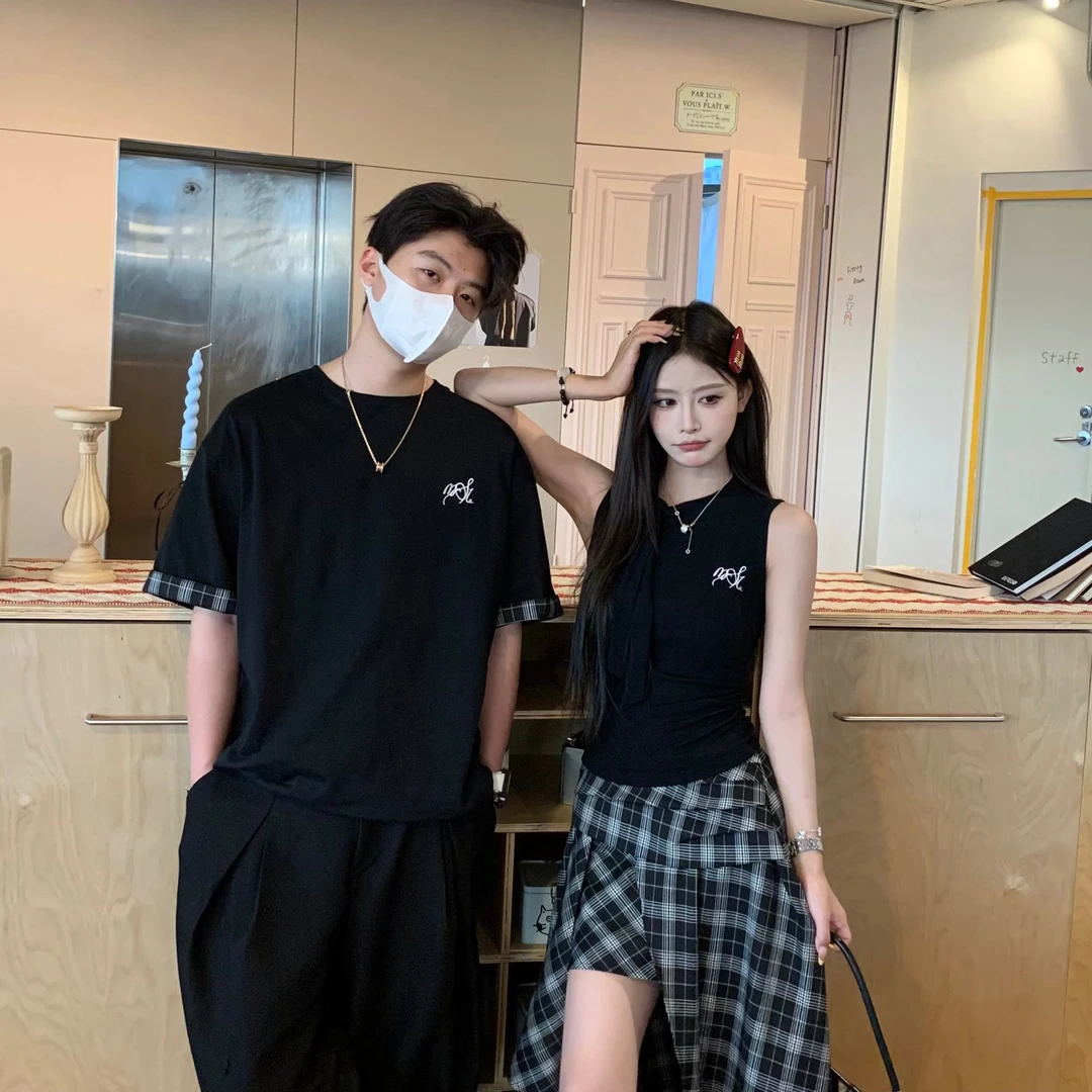 3MER 刺绣针织蝴蝶结背心上衣女2025夏季新款情侣短袖T恤