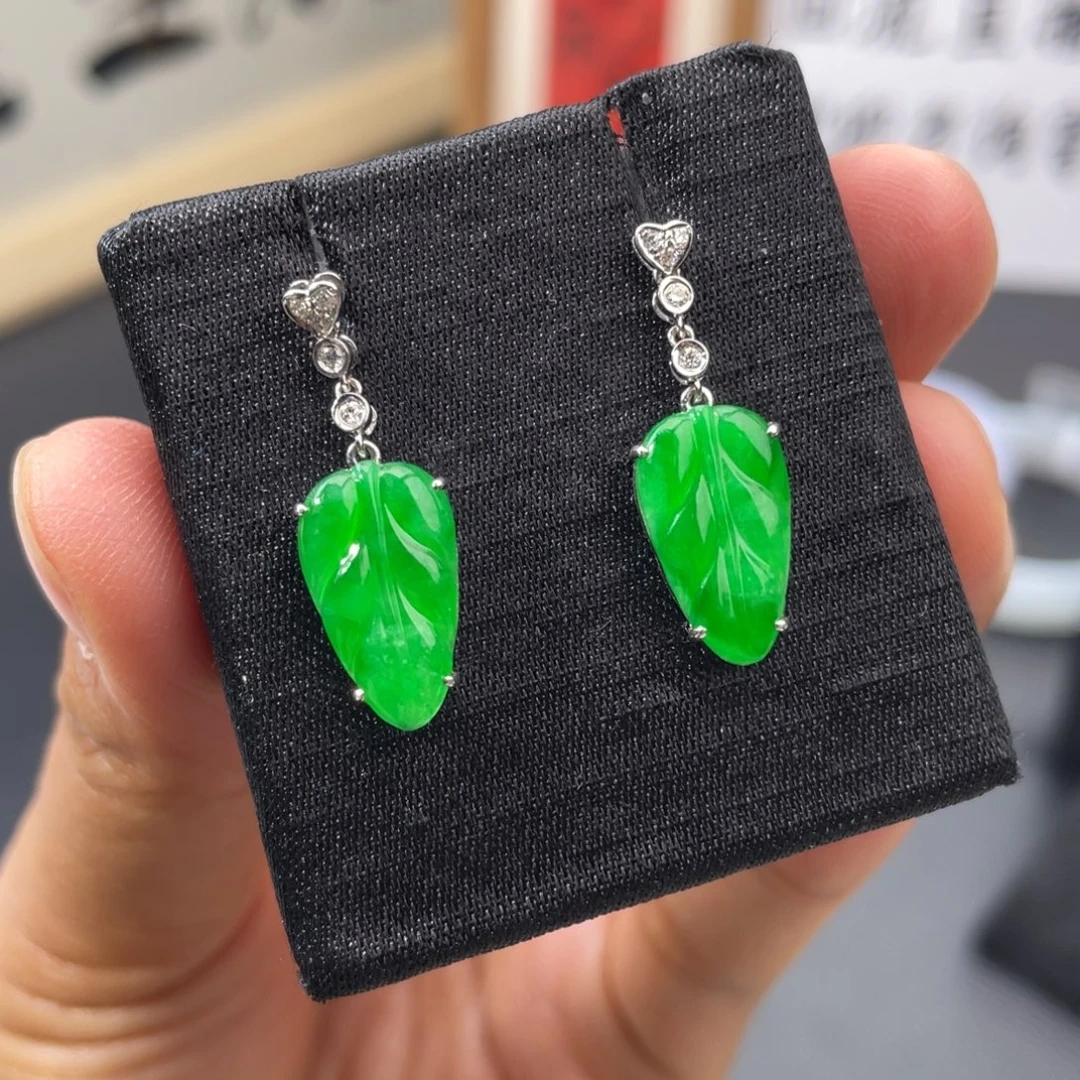 翡翠18K金镶嵌耳饰叶子耳坠（上新）