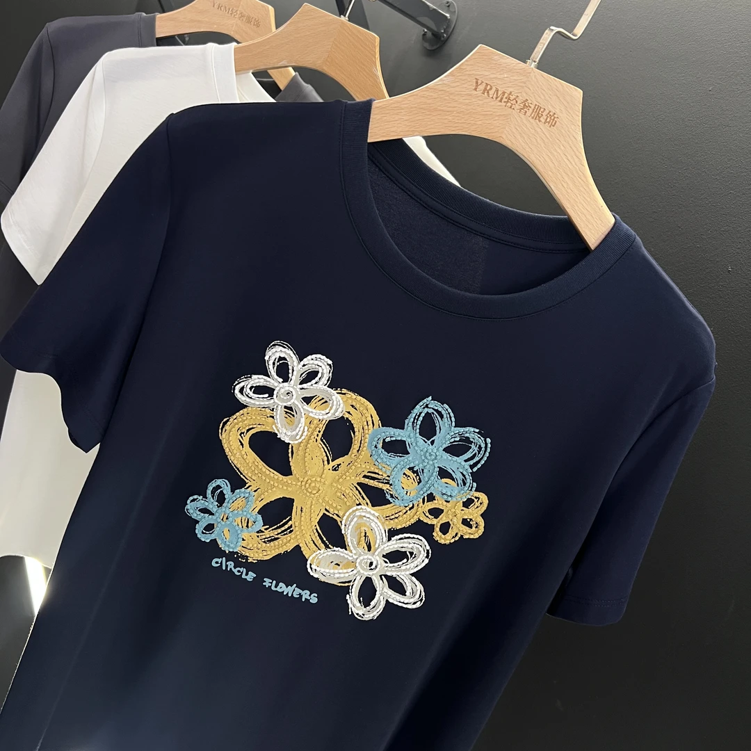 2025夏装新款老钱风涂鸦重工滚桥刺绣圆领短袖宽松女士大码T恤衫