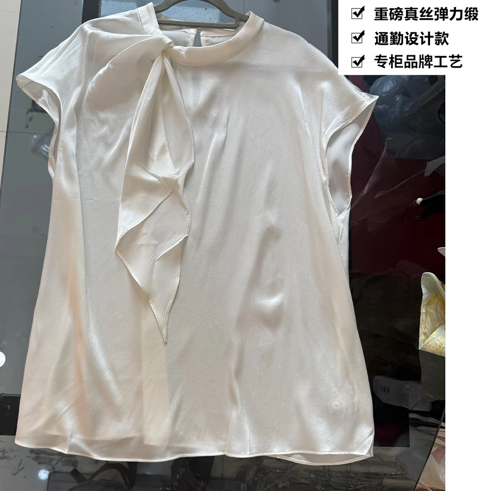 重磅真丝双乔弹力缎法式简约纯色飘带桑蚕丝T恤上衣ZKB79白色