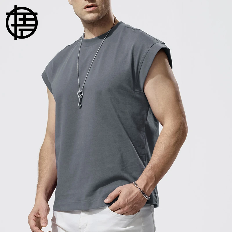 凉感棉无袖T恤男纯色宽松运动健身篮球坎肩宽肩背心外穿夏季砍袖