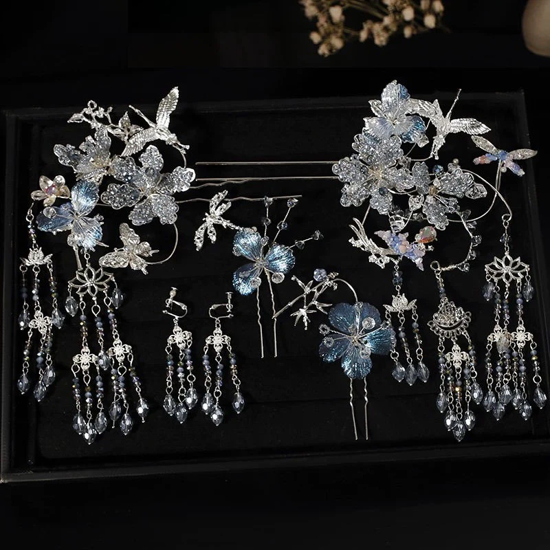 GZ257浅色头饰2025新款银蓝减龄大气订婚中式新娘秀禾头饰新中式