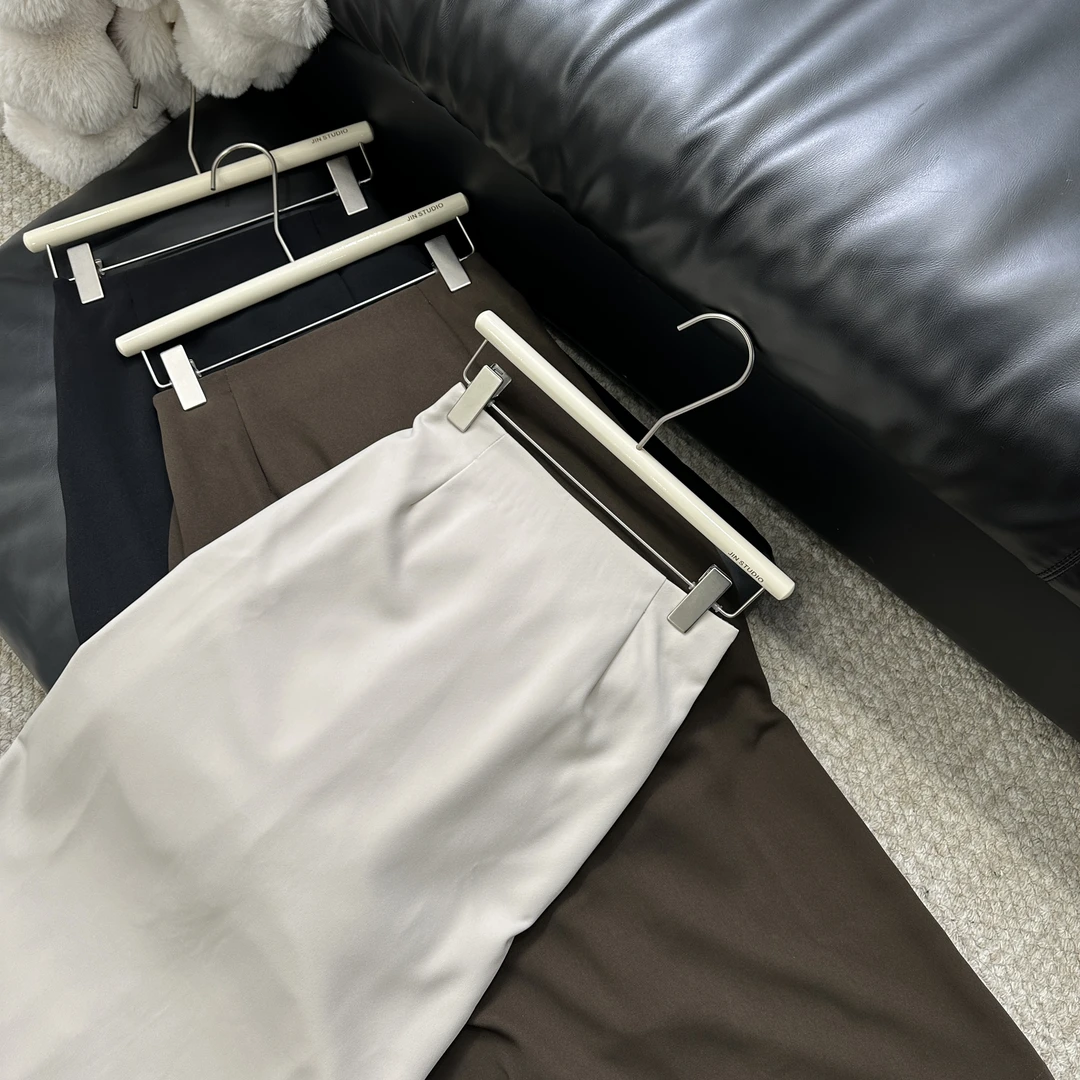 【锦衣鹊羽】246607春秋杏仁后松紧腰开叉半身裙西裙