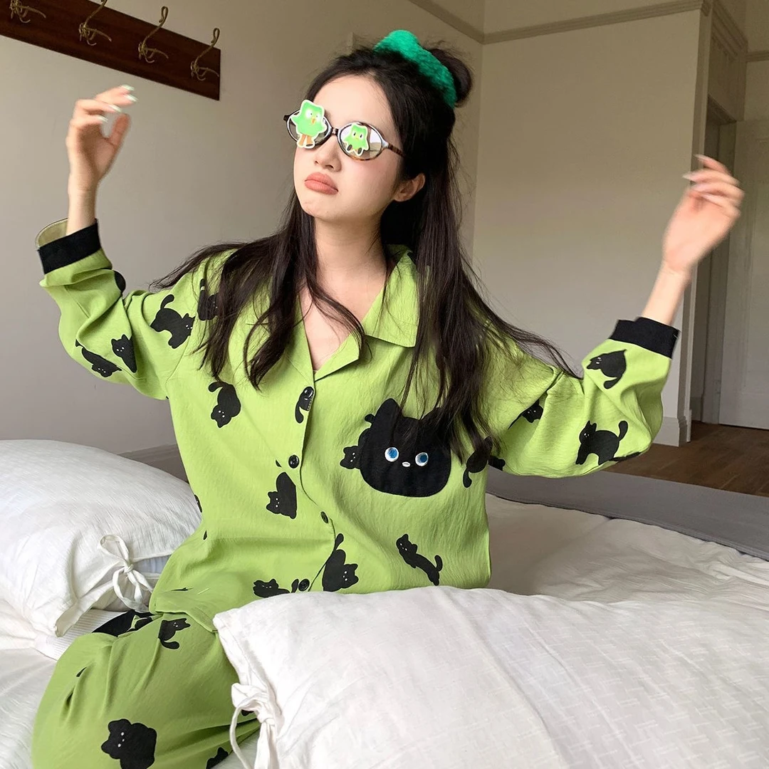 可爱小黑猫长袖睡衣女秋季可外穿薄款家居服套装