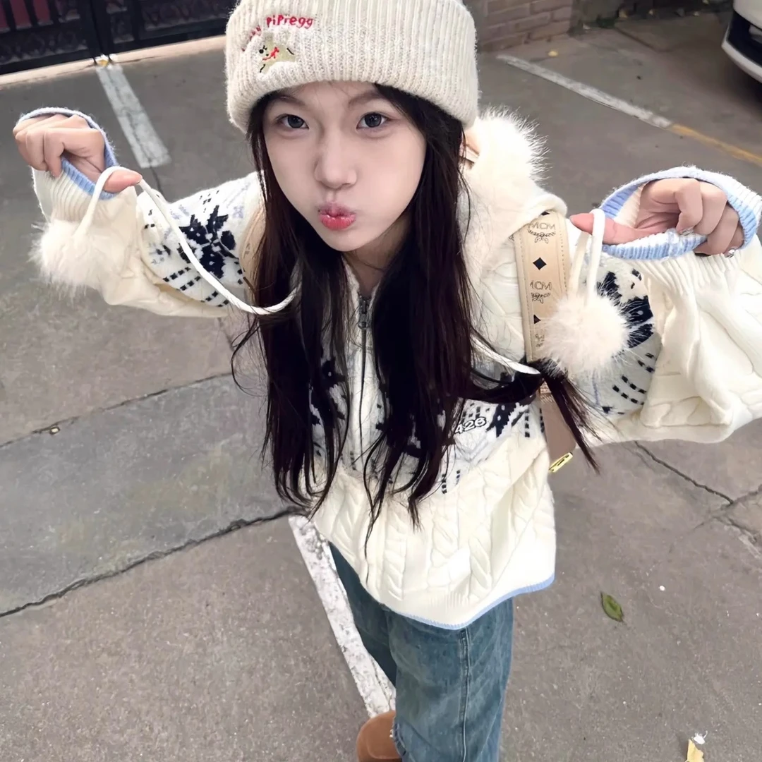 学院风毛领连帽拉链开衫外套女秋冬韩系慵懒风针织上衣费尔岛毛衣