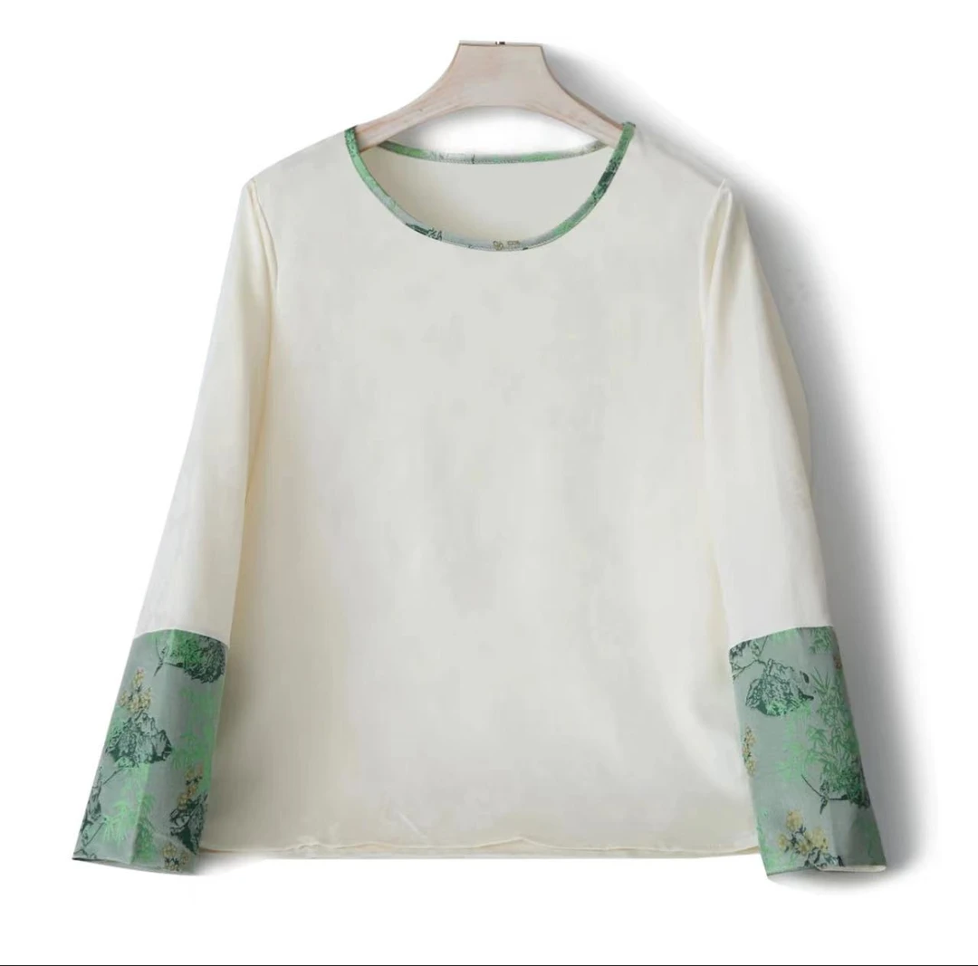 【春沐】新中式国风提花缎面拼接钩花长袖打底衫女衬衫春装新款