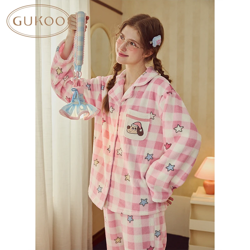 【Gukoo果壳】秋冬睡衣女保暖甜美满印加绒加厚可外穿家居服套装