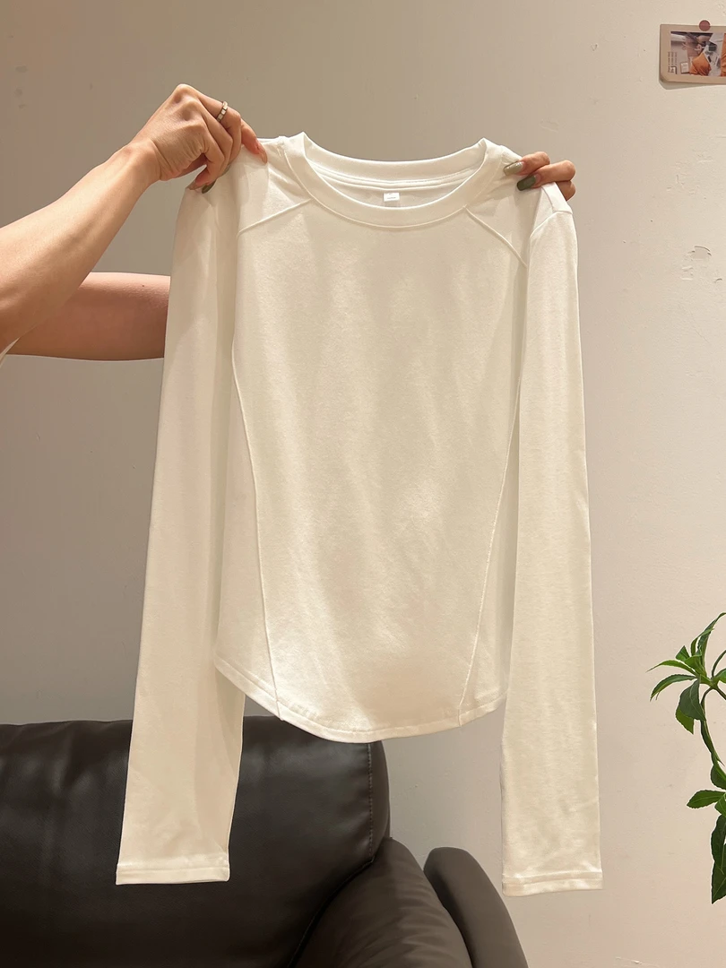 韩版秋冬新款磨毛黑色鱼骨弧形下摆正肩长袖内搭炸街打底衫上衣女