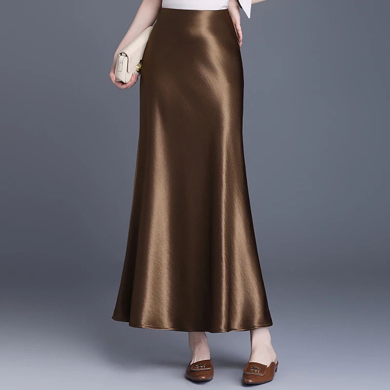 百褶缎面鱼尾长裙包臀裙女2025春季秋款高腰垂坠感显瘦醋酸半身裙