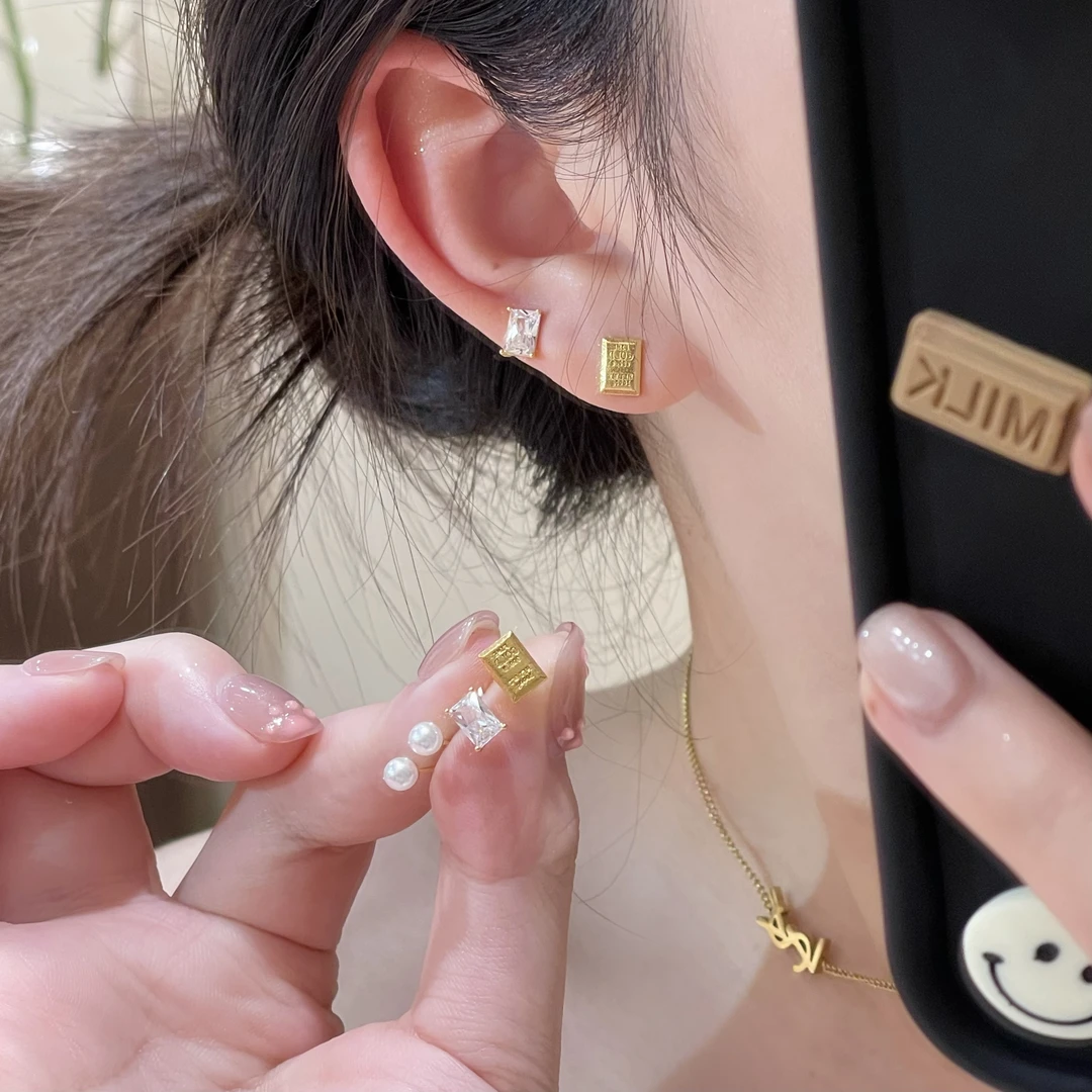 W923金色方形珠珠组合耳钉六件套高级百搭小众温柔