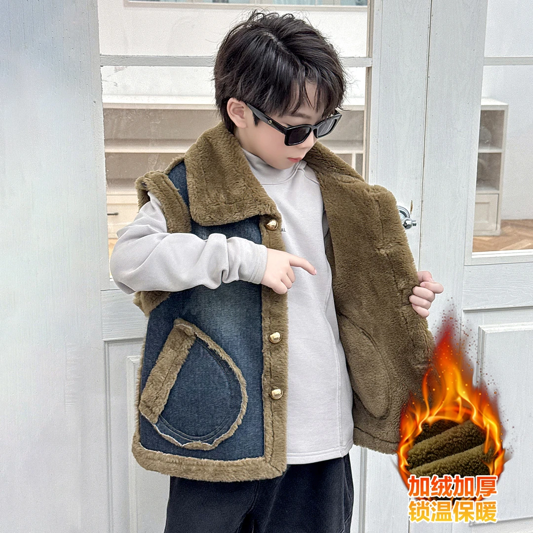儿童装男童冬装加绒牛仔马甲2025新款中大童秋冬款加厚冬季外穿潮