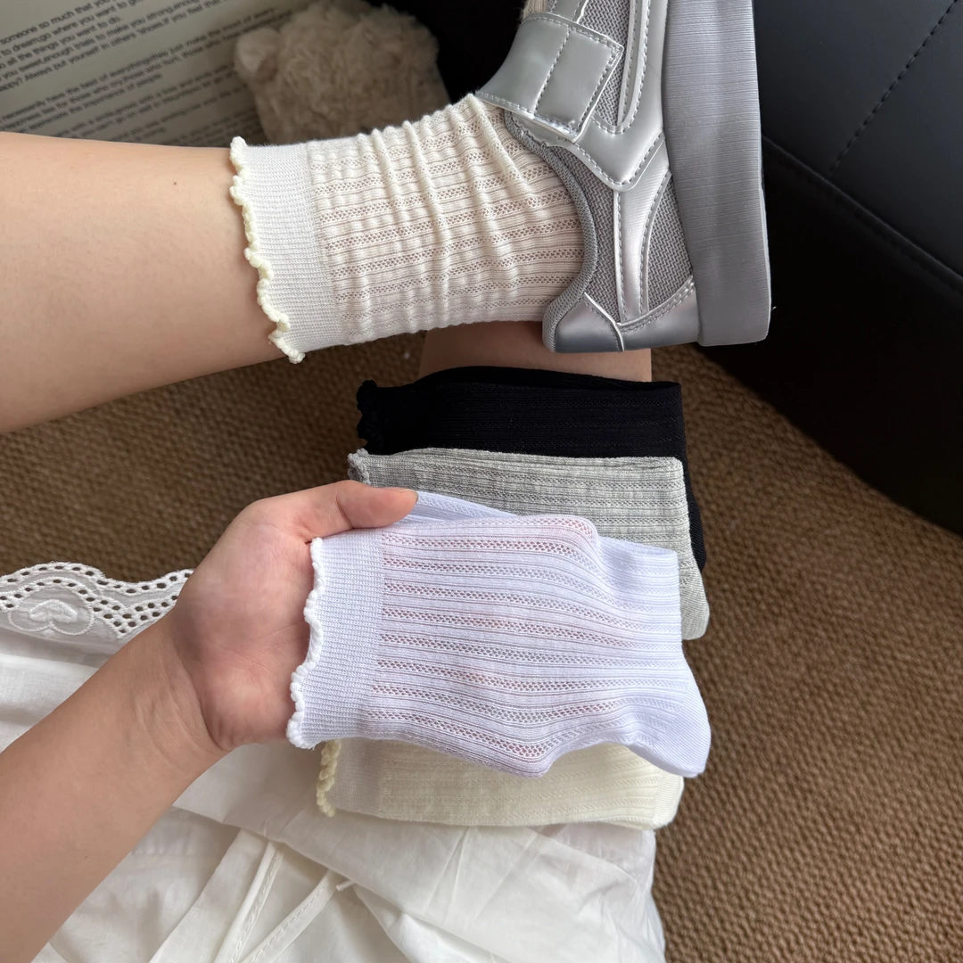 袜子女夏季薄款网眼镂空透气中筒袜韩系ins纯色百搭中筒袜堆堆袜