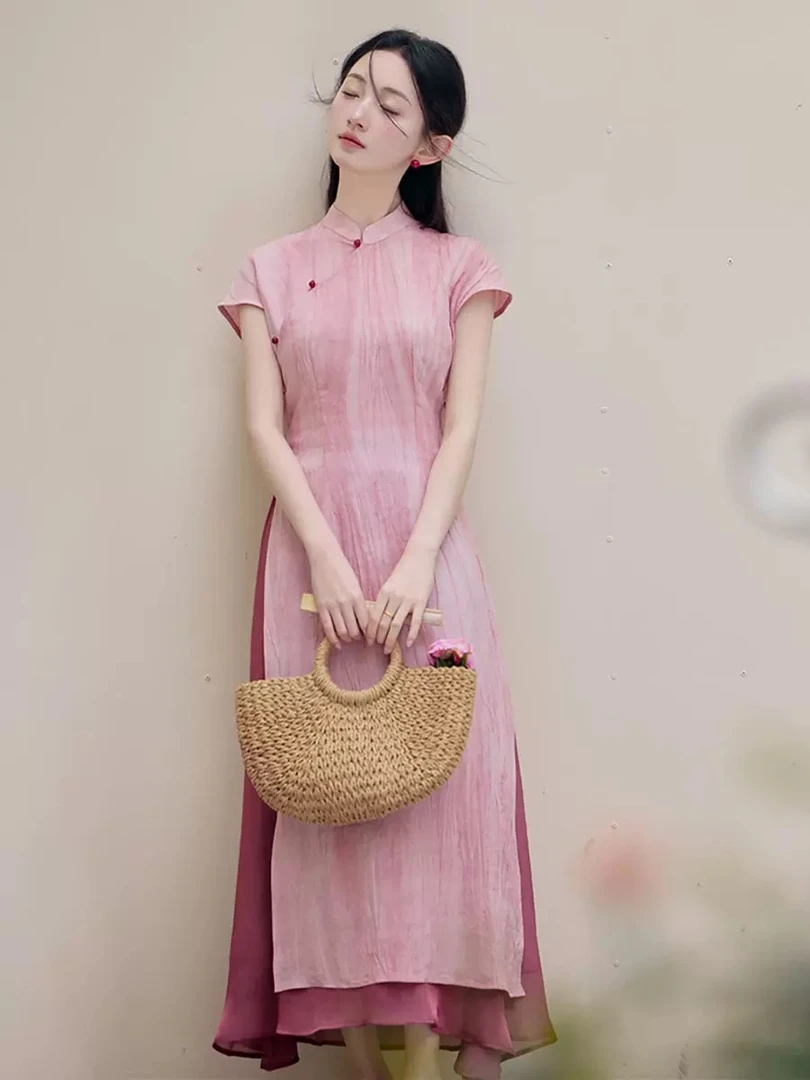 新中式国风绝美粉色旗袍女气质连衣裙禅意茶服阔腿裤两件套