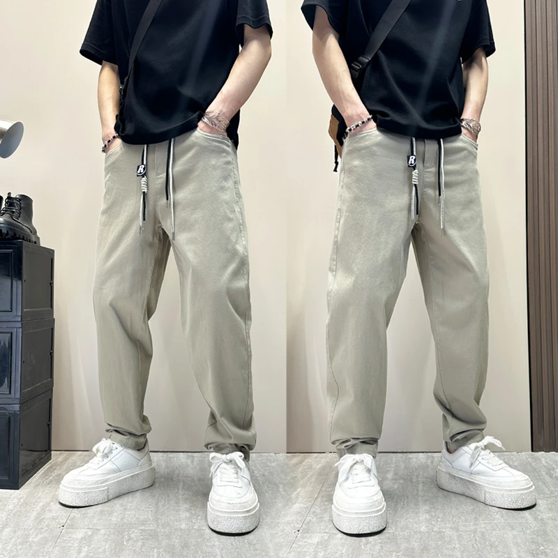 卡其色裤子男夏新款显瘦百搭修身休闲裤痞帅高级感微锥小脚工装裤