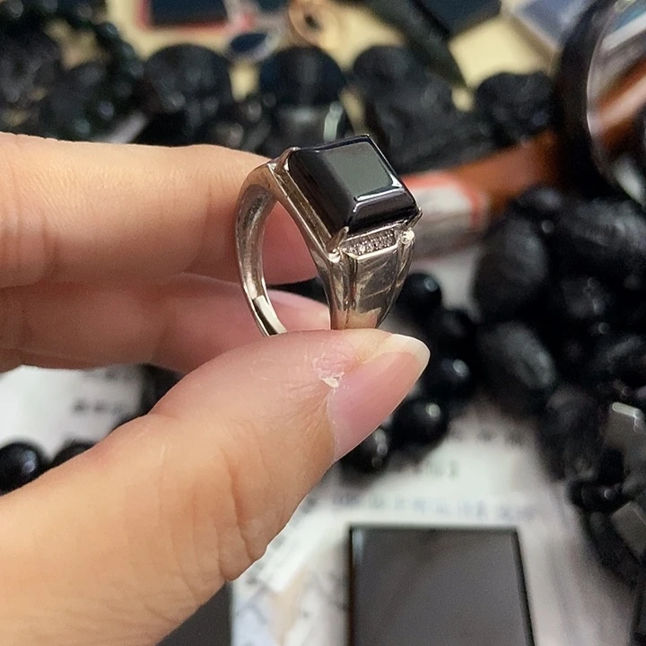翡翠戒指银S925镶嵌墨翠