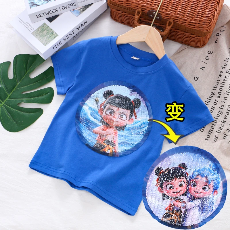 儿童纯棉哪吒短袖男童女童双面亮片翻转变色短袖T恤