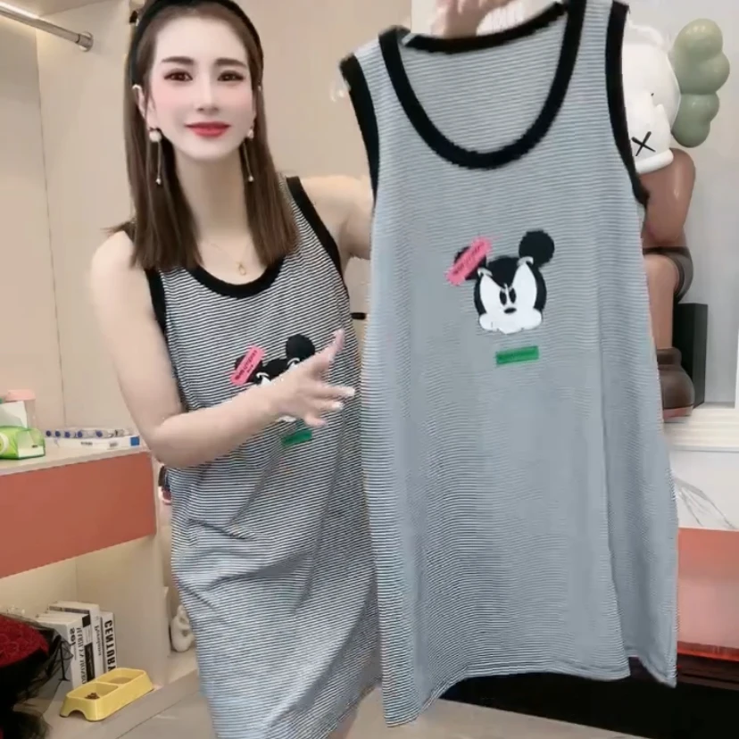 861款韩版家居服两件套卡通印花圆领无袖少女睡裙