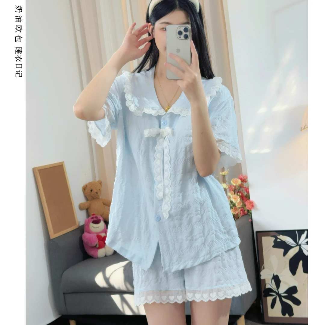 【冰川蓝】新款三件套夏季轻薄透气带胸垫泡泡棉纱睡衣家居服