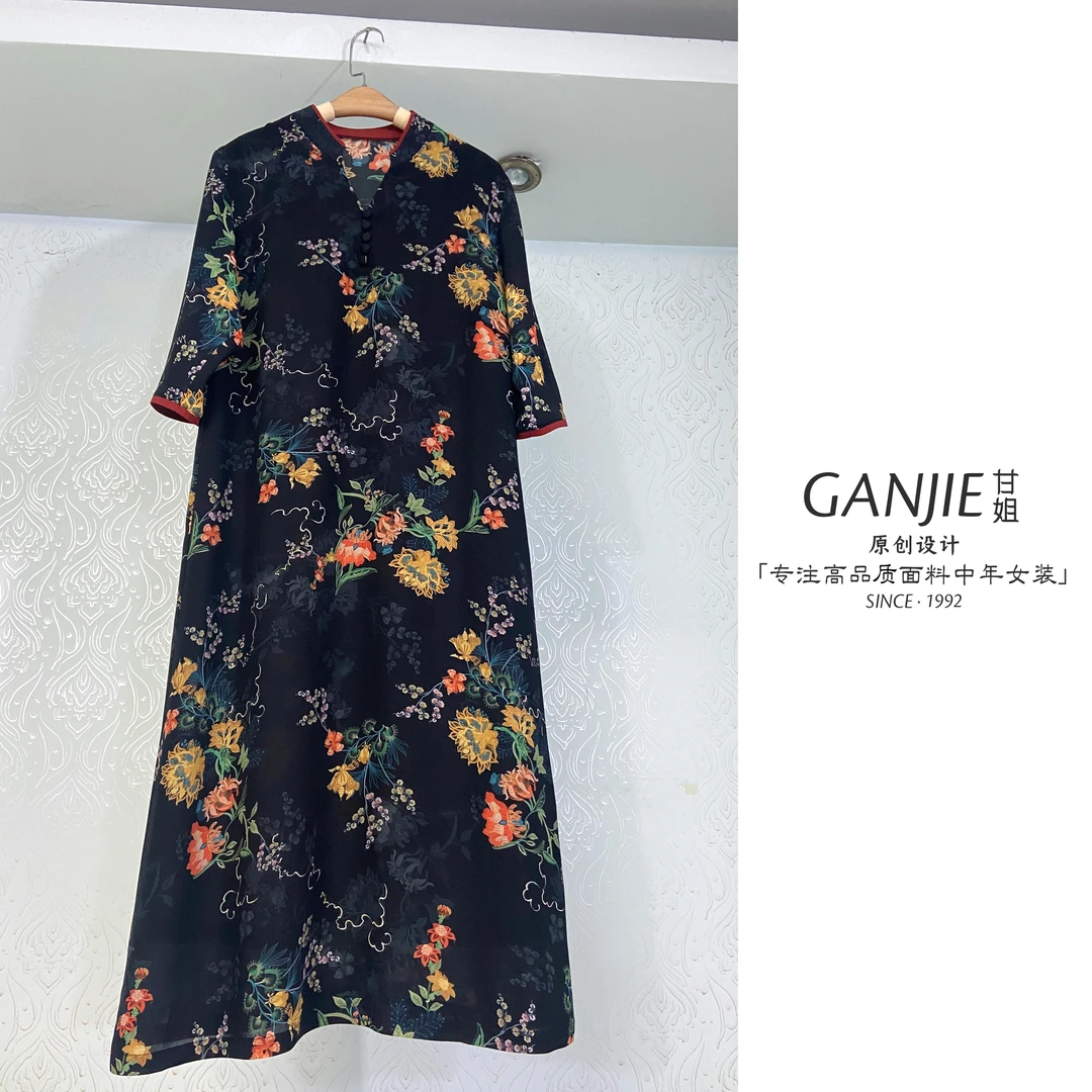 洋气妈妈夏季双绉面料立领高品质宽松连衣裙086