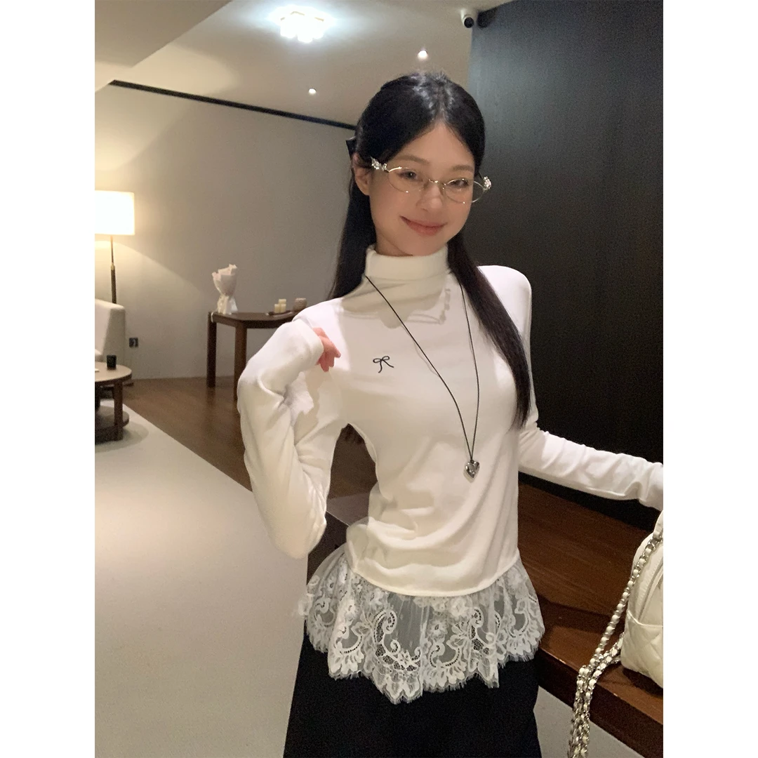 宋正恩11/18 10:00AM【奶白高领蕾丝拼接修身长袖打底衫】AA26791