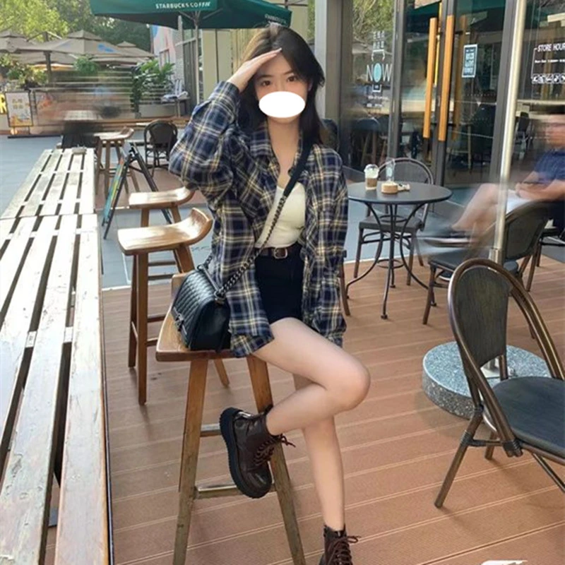 格子衬衫女士上衣春夏季韩系宽松慵懒风复古长袖衬衣开衫外套