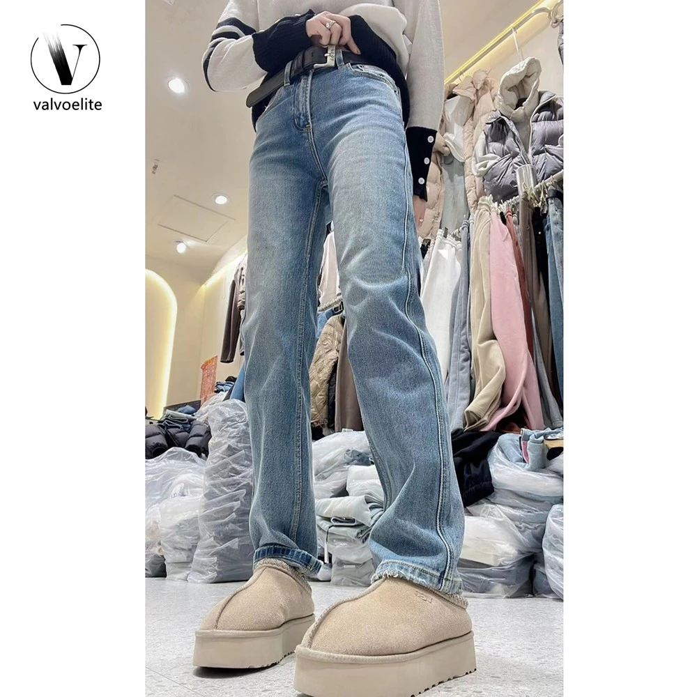 VALVOELITE新款窄版直筒蓝色牛仔裤女显瘦梨形身材高腰弹力长裤