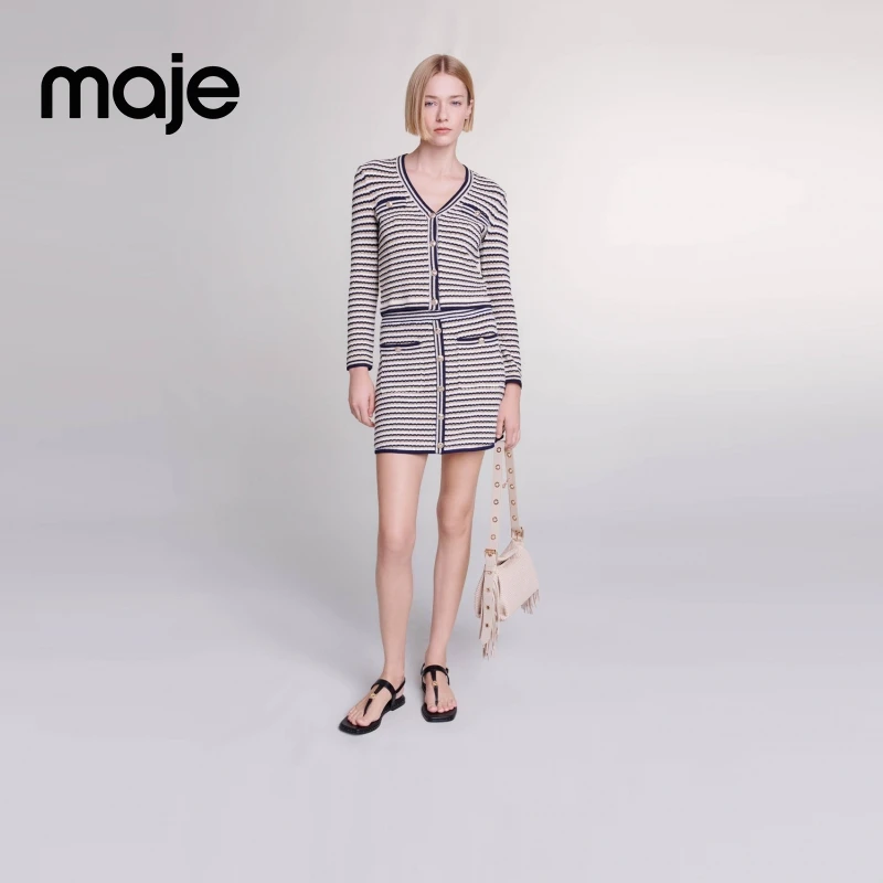 Maje秋冬新款女装法式V领条纹洋气高贵短款针织上衣MFPCA00489