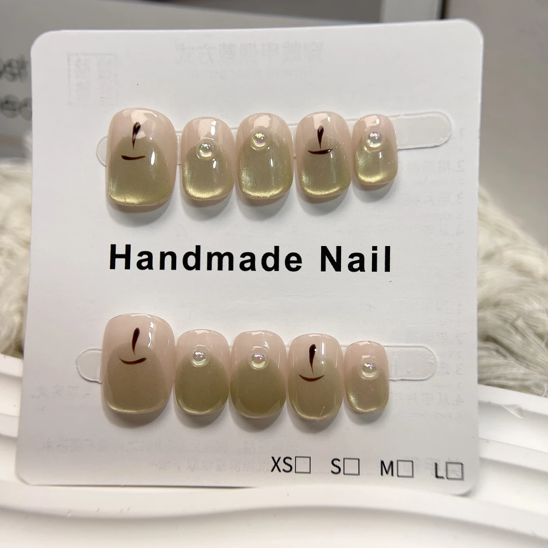 0040猫眼梨夏款高定彩色猫眼显白气质短款纯手工穿戴甲10片装