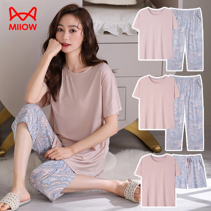 猫人带胸垫睡衣女套装大码夏季薄款短袖长裤棉绸凉感短裤家居服
