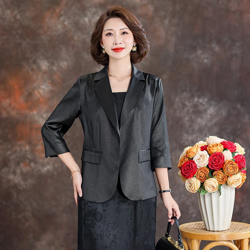 齐黛杭州名牌真丝上衣女2025新款五分袖妈妈西服气质桑蚕丝短外套