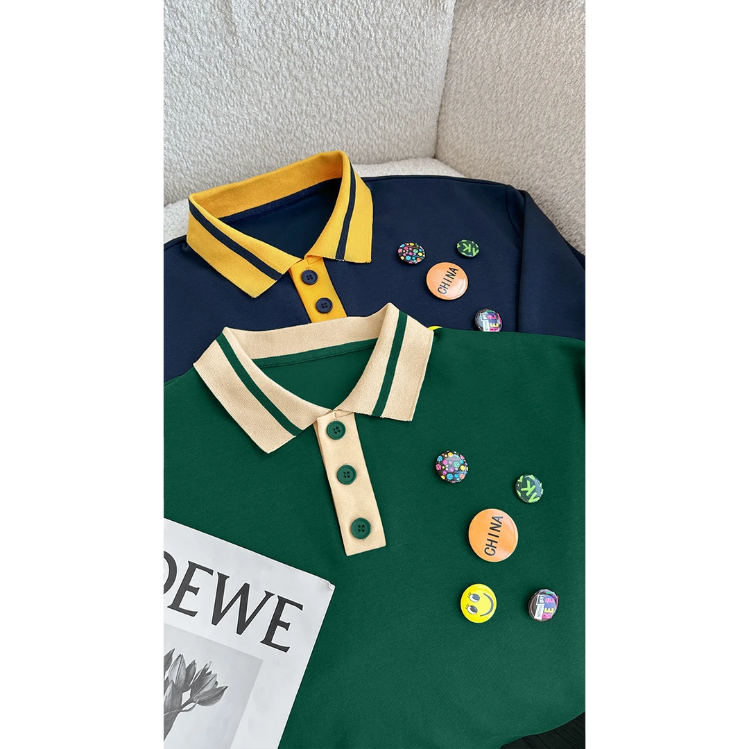 龙叨叨夏季新款潮流美式撞色设计感卡通勋章Polo领百搭短袖T恤