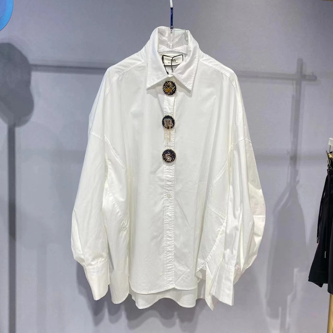 LILI【UKKU STUDIO】春新款潮重工钉珠棉百搭宽松时尚衬衫女2210239