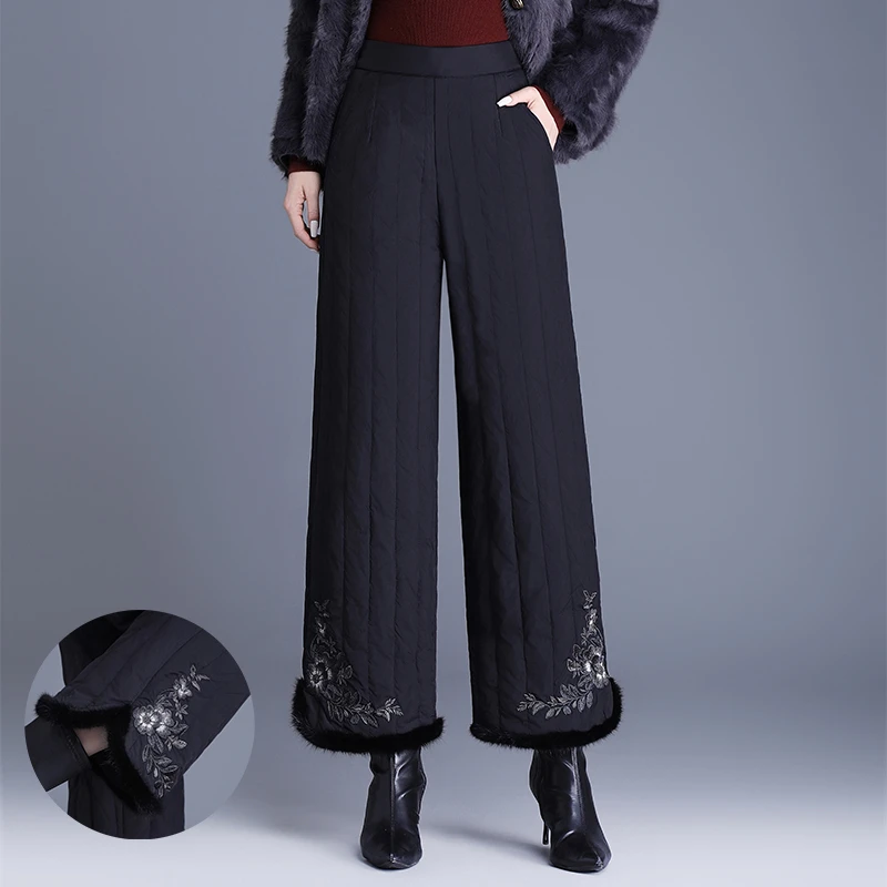 时尚高端条纹刺绣羽绒棉裤女士百搭显瘦冬季直筒休闲保暖棉裤靴裤