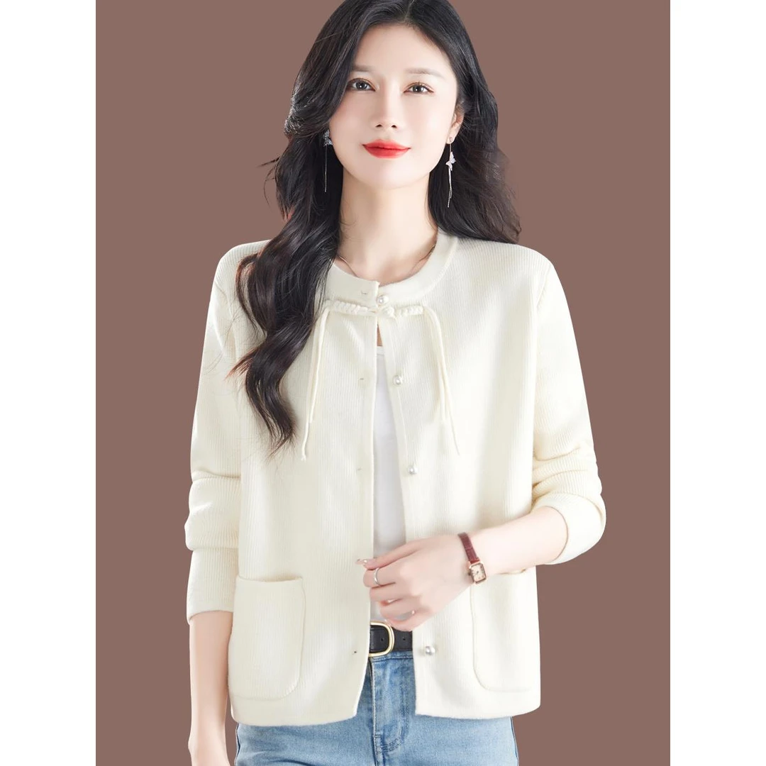 皮尔卡丹新中式盘扣羊毛针织外套春秋装新款毛衣开衫女时尚外搭上