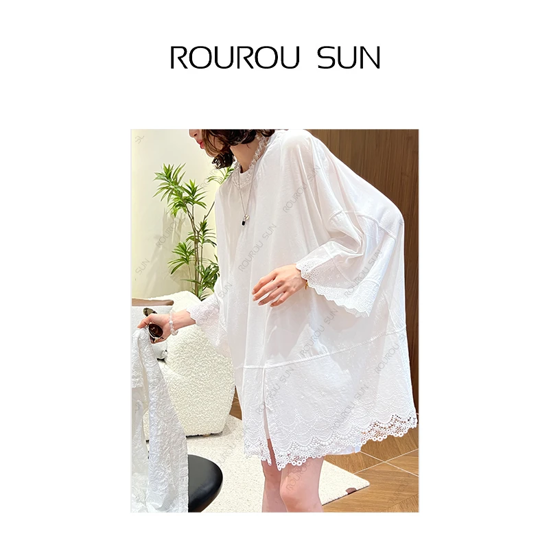 22536重工拼接蕾丝边软糯大版短袖T恤女