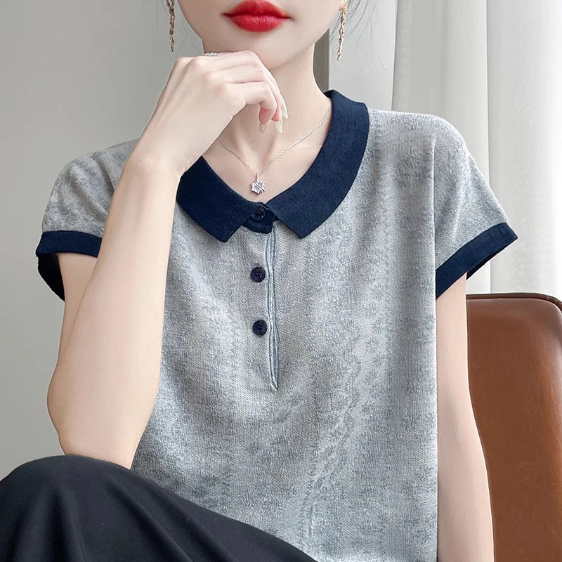 夏季薄款天丝POLO领半袖针织衫纽扣短袖女撞色气质宽松娃娃领上衣