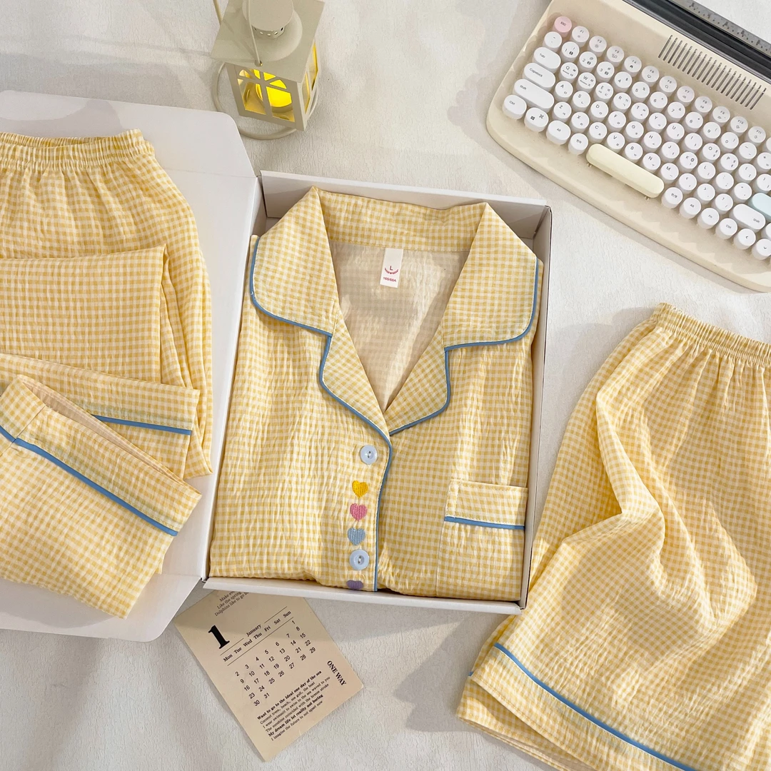 夏季短袖短裤长裤云朵棉三件套睡衣女家居服薄款带胸垫宽松休闲