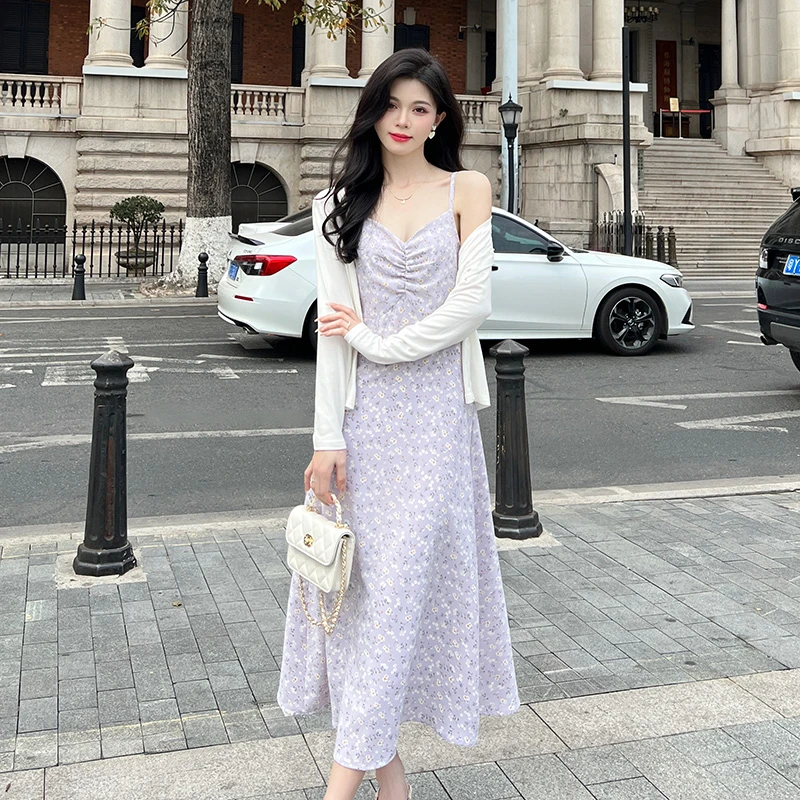 紫色雪纺吊带裙小碎花连衣裙女2025春夏设计感修身显瘦a字长裙子