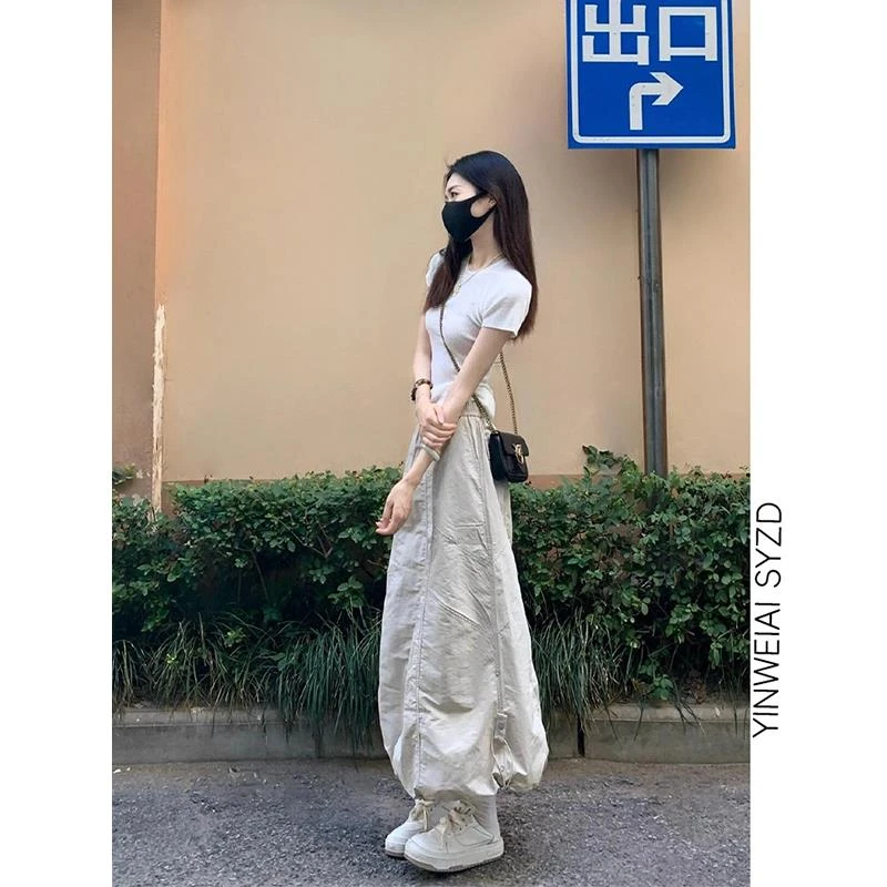 美式复古杏色蓬蓬伞裙女夏季花苞抽绳可调节户外半身中长款工装裙
