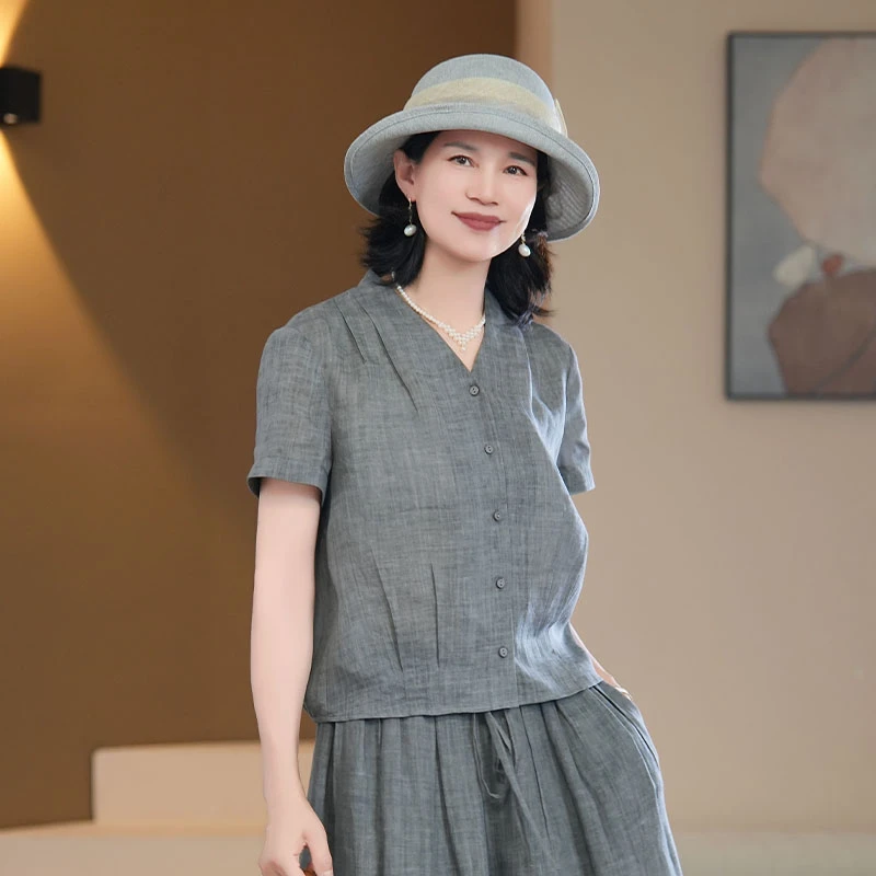 【芙澜卡尔】V领气质款纽扣开衫单上衣衬衣夏款时尚中老年女装