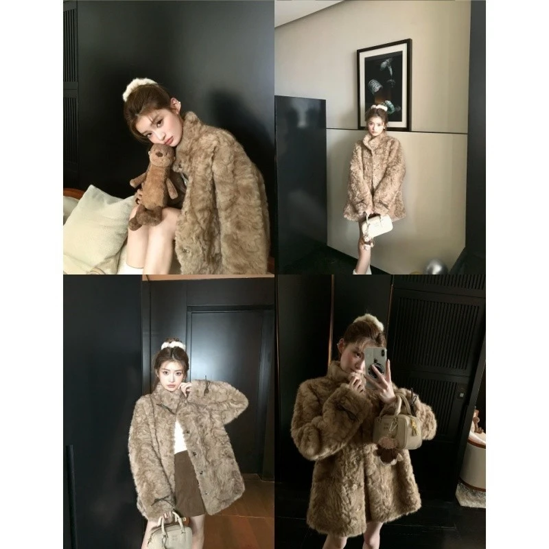 小熊心事 冬季加厚立领染尖皮毛一体外套女气质慵懒毛毛大衣显瘦